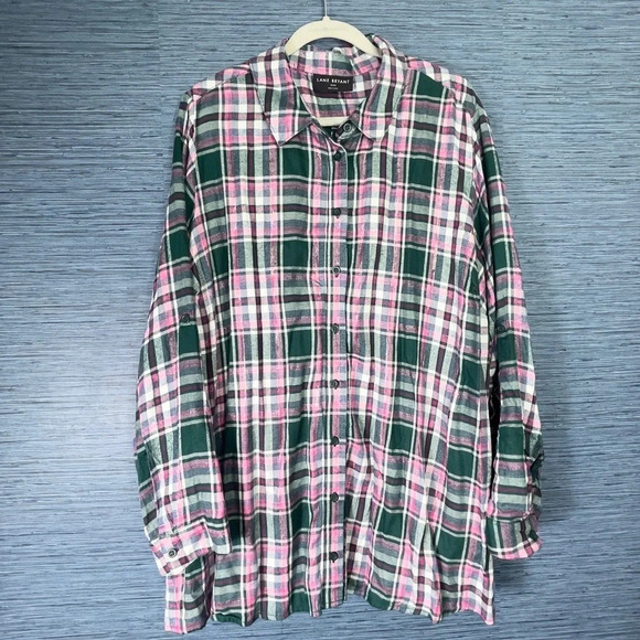 NWT Lane Bryant Pink Green Plaid Long Sleeve Button Blouse Roll Tab Sleeve 26/28 - Picture 1 of 6